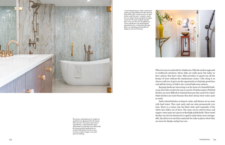 A modern bathroom featured in "It's All in the Mix" by Schiffer Publishing, Ltd. showcases a freestanding tub, glass shower, mosaic tile wall, and wood vanity with gold fixtures. Inset highlights a mirror, sconce, and shelf with décor accents.
