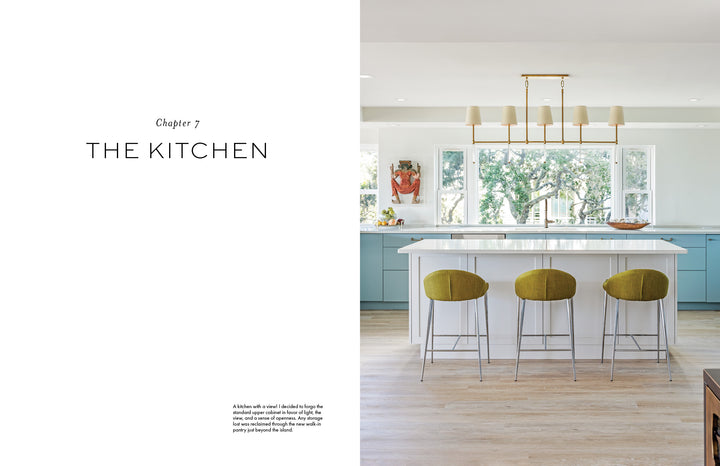 Modern kitchen with a white island, green barstools, light blue cabinets, and bright windows—ideal for inspiration. On the left: “Chapter 7 THE KITCHEN.” Featured in "It's All in the Mix" by Schiffer Publishing, Ltd.