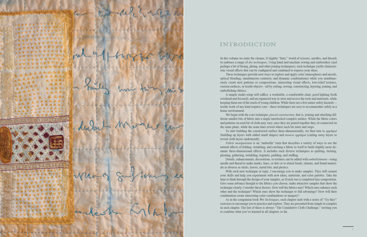 A close-up of a quilt from "The Cumulative Cloth, Dry Techniques" by Schiffer Publishing, Ltd. displays custom fabric details and stitched text; to the right, a pale blue page features an “Introduction” in serif font.
