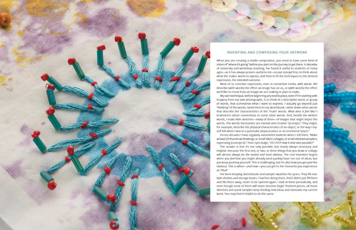 A close-up of The Cumulative Cloth, Dry Techniques by Schiffer Publishing, Ltd. shows blue thread and green beads in a circle with red-tipped pins on fabric, plus partly visible printed text about inventing and composing custom dry textile surface design.