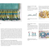 A close-up of turquoise beaded fringe, step-by-step embroidery diagrams, and instructions for sewing bugle beads are featured in Schiffer Publishing's "The Cumulative Cloth, Dry Techniques," with photos and illustrations for custom fabric methods.