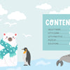 The table of contents page from "KindKids Word Search Winter Magic" by Schiffer Publishing, Ltd. features a polar bear, penguin, and seal on ice in scarves. Sections: Hello There, Let’s Learn, Let’s Practice, Puzzles, and Solutions—ideal for kids.
