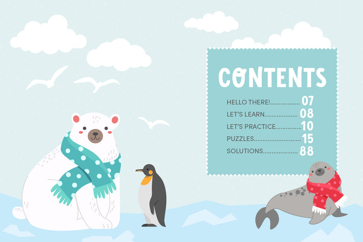 The table of contents page from "KindKids Word Search Winter Magic" by Schiffer Publishing, Ltd. features a polar bear, penguin, and seal on ice in scarves. Sections: Hello There, Let’s Learn, Let’s Practice, Puzzles, and Solutions—ideal for kids.