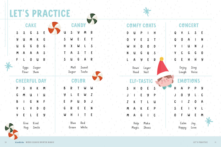 KindKids Word Search Winter Magic by Schiffer Publishing, Ltd. offers holiday-themed puzzles with categories like Cake and Elf-tastic, festive graphics, and a cute elf—ideal for any kids puzzle book or holiday activity book.