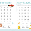 Two word searches from Schiffer Publishing’s KindKids Word Search Winter Magic: one with Santa hat and present icons, the other with a dreidel and gelt. Each features themed words to find in a festive letter grid.