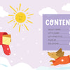 A cheerful sun lights a snowy scene with a bird on a red mailbox and a dog in a red sweater. The KindKids Crosswords Let It Snow by Schiffer Publishing, Ltd. displays a contents page with sections and page numbers on purple.