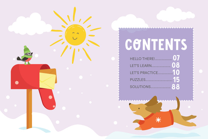 A cheerful sun lights a snowy scene with a bird on a red mailbox and a dog in a red sweater. The KindKids Crosswords Let It Snow by Schiffer Publishing, Ltd. displays a contents page with sections and page numbers on purple.