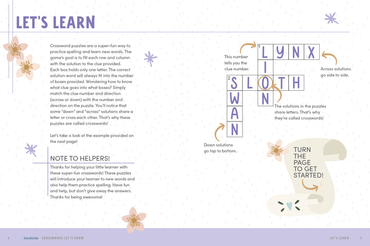 The KindKids Crosswords Let It Snow by Schiffer Publishing, Ltd. is a pastel-themed holiday activity book with a how-to-play guide, sample animal crossword, illustrated arrows for clues, and cheerful flowers and stars on each page.