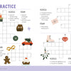 The KindKids Crosswords Let It Snow by Schiffer Publishing, Ltd. is a festive kids' puzzle page with illustrated clues like a mitten, sleigh, and gingerbread man among snowflakes—perfect for any holiday activity book. Some squares come pre-filled.