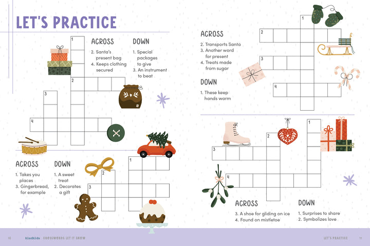 The KindKids Crosswords Let It Snow by Schiffer Publishing, Ltd. is a festive kids' puzzle page with illustrated clues like a mitten, sleigh, and gingerbread man among snowflakes—perfect for any holiday activity book. Some squares come pre-filled.