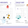KindKids Crosswords Let It Snow by Schiffer Publishing, Ltd. features two illustrated winter crosswords with snowmen, mittens, sleds, and penguins—each with clues and a grid, perfect for holiday activity books!.