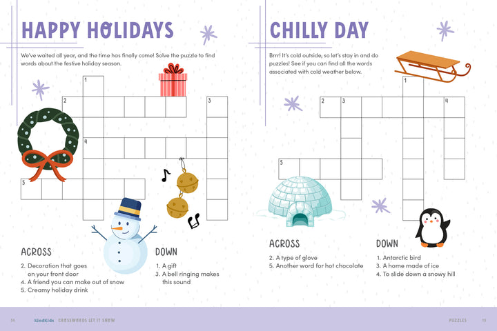 KindKids Crosswords Let It Snow by Schiffer Publishing, Ltd. features two illustrated winter crosswords with snowmen, mittens, sleds, and penguins—each with clues and a grid, perfect for holiday activity books!.