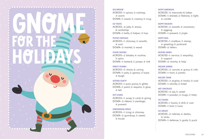 Illustration of a cheerful gnome in a blue striped hat with a bell on a snowy purple background. “Gnome for the Holidays” promotes winter-themed kids' crosswords from Schiffer Publishing’s KindKids Crosswords Let It Snow.