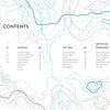 A table of contents page featuring colorful, abstract contour lines in the background. Sections—Gardens, Utopias, The Sea, Artificial Paradises—list chapters from "Atlas of Lost Paradises" by Schiffer Publishing, Ltd.