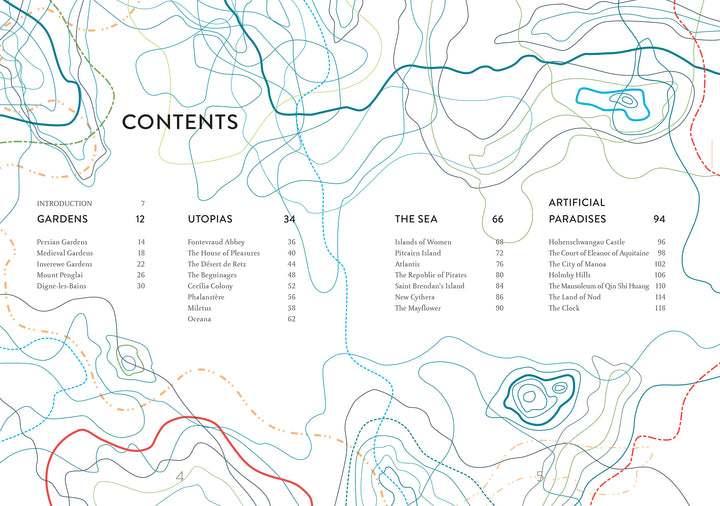 A table of contents page featuring colorful, abstract contour lines in the background. Sections—Gardens, Utopias, The Sea, Artificial Paradises—list chapters from "Atlas of Lost Paradises" by Schiffer Publishing, Ltd.