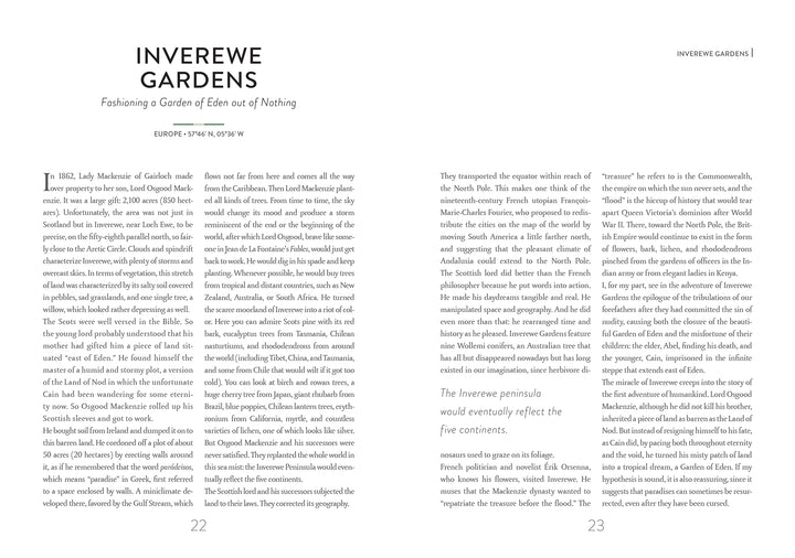 An open book from Schiffer Publishing’s “Atlas of Lost Paradises” shows pages with the title “INVEREWE GARDENS—Fashioning a Garden of Eden out of Nothing,” clear serif headings, text, and a pull quote on page 23 evoking paradise.