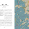 A page from Schiffer Publishing, Ltd.’s "Atlas of Lost Paradises" on Miletus showcases descriptive text—highlighting the city’s paradise reputation—and a quote by Edwin Craft on the left, with a vibrant topographical and road map on the right.