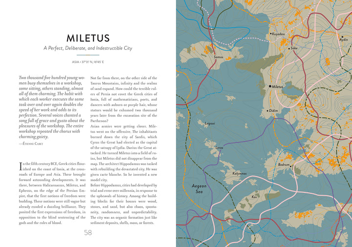 A page from Schiffer Publishing, Ltd.’s "Atlas of Lost Paradises" on Miletus showcases descriptive text—highlighting the city’s paradise reputation—and a quote by Edwin Craft on the left, with a vibrant topographical and road map on the right.