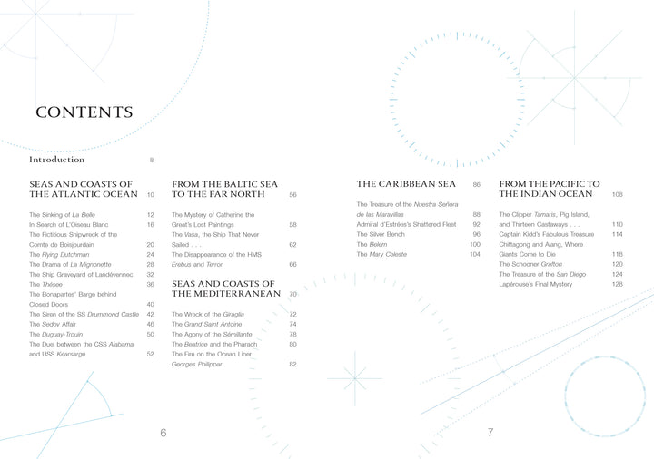 The "Atlas of Shipwrecks and Fortunes of the Sea" by Schiffer Publishing, Ltd. features a table of contents listing Atlantic and Baltic maritime sections, mysteries, chapter titles, page numbers, and illustrated color maps.