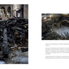 Left: Interior damage from the Notre-Dame de Paris fire. Right: Overhead view of burnt ruins with a restoration quote. Featured in "Restoring Notre-Dame de Paris" by Schiffer Publishing, Ltd. Photo by Patrick Zachmann.