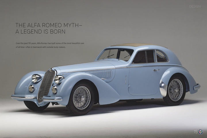 A light blue vintage Alfa Romeo coupe with wire wheels is showcased in a studio. Text: "Alfa Romeo—a legend is born," celebrating Italian automotive history. Product by Schiffer Publishing, Ltd.