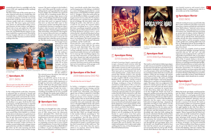 The magazine spread reviews post-apocalyptic films using columns of text, star ratings, movie posters, red headers, and bold white-and-red design—all showcasing "World Gone Wild, Restocked and Reloaded 2nd Edition" by Schiffer Publishing, Ltd.