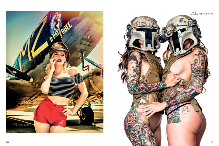 A woman in red shorts and a striped top channels classic pin-up art by a vintage plane, while two tattooed women in tactical helmets evoke military pinup style—featured in "Alvarado's Military Pin-Ups" by Schiffer Publishing, Ltd.