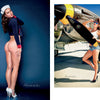 Left: A woman in a sailor hat and jacket poses, channeling classic military pinup style. Right: A woman in a pilot cap, white top, and denim shorts stands by a vintage airplane. From Alvarado's Military Pin-Ups by Schiffer Publishing, Ltd.