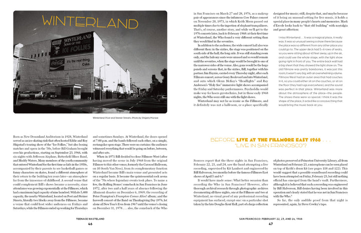 A black and white photo of Winterland appears at top left, with articles about The Who's concerts and San Francisco venues filling the rest of the two-page Teenage Wasteland spread by Schiffer Publishing, Ltd.