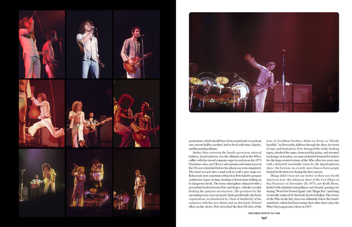 A collage of live concert shots features energetic rock musicians onstage, while the opposite page shows a guitarist mid-jump at The Who's Winterland concert, from Teenage Wasteland by Schiffer Publishing, Ltd.