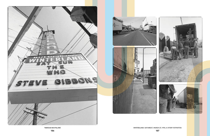 A marquee at The Who Winterland concert advertises their show and Steve Gibbons, with black-and-white photos of streets and people unloading gear, echoing the spirit of "Teenage Wasteland" by Schiffer Publishing, Ltd.