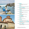 Top left: Two people on rocks by the ocean. Bottom left: Old stone church with red domes. Right: "On the Road—Traveling Europe in a Campervan" by Schiffer Publishing, Ltd., features European tours and campervan itineraries with page numbers.