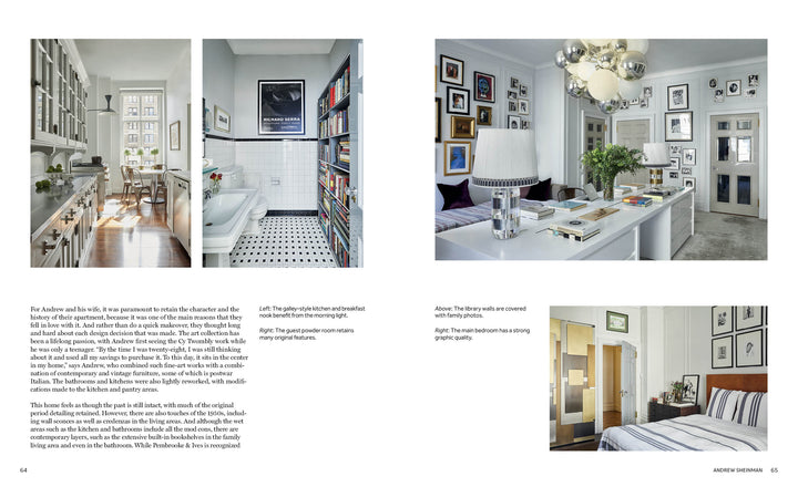 Get home design inspiration from "Interior Designers at Home" by Schiffer Publishing, Ltd., featuring modern apartments with white kitchens, globe pendant lights, graphic artwork, and designer-style touches like shelves and framed art.