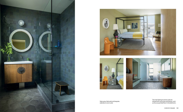 On the left, a modern bathroom features gray tile and a glass shower. On the right, a bedroom with a canopy bed and green walls showcases inspiration from "Interior Designers at Home" by Schiffer Publishing, Ltd.