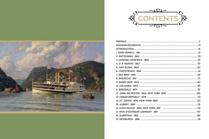 Beside a painting of steamboats and riverboats under a partly cloudy sky, the table of contents for "The Boats of Summer, Volume 1" by Schiffer Publishing, Ltd. evokes the era of Hudson River excursion boats amidst green hills.