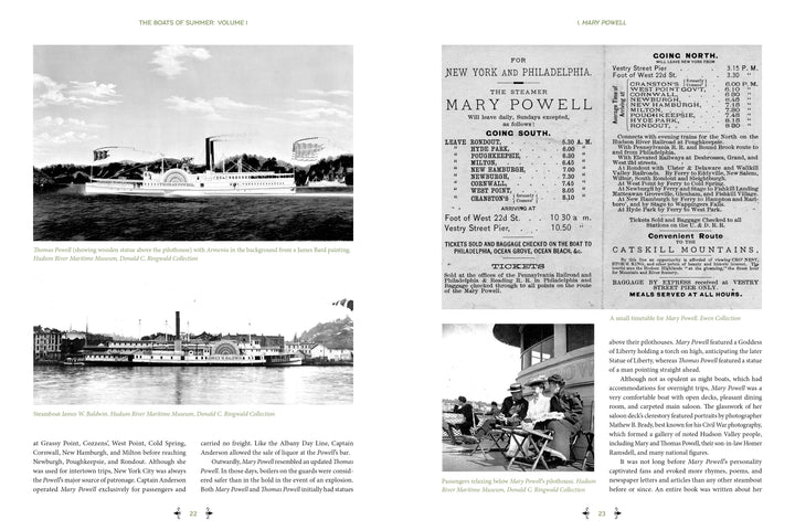 The Boats of Summer, Volume 1 by Schiffer Publishing, Ltd. features black-and-white steamboat images and passengers, a 19th-century schedule, and brief captions exploring steamboat journeys and Catskills maritime history.