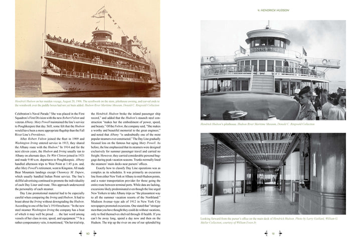 In "The Boats of Summer, Volume 2" by Schiffer Publishing, Ltd., a two-page spread showcases the Hendrick Hudson steamboat with text and 4 black-and-white photos: passengers aboard, boarding at the bow, the pilot house, and the empty cabin.