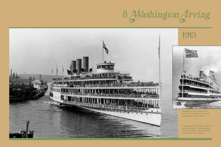 A black-and-white photo from "The Boats of Summer, Volume 2" by Schiffer Publishing, Ltd. shows the paddle steamer Washington Irving full of passengers near a dock; inset highlights its flag-adorned “1913” label.