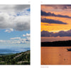 Side-by-side photos: left, a bird flies over ocean and islands; right, a sailboat rests at sunset—ideal for fans of "Maine" by Schiffer Publishing, Ltd.