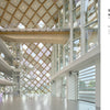The spacious lobby at Swatch Headquarters showcases mass timber lattice patterns, as seen in "Innovations in Mass Timber" by Schiffer Publishing, Ltd., demonstrating the environmental benefits of timber in commercial interiors.