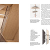 A modern staircase with wooden walls and steps, illuminated by a skylight. On the right, diagrams from "Innovations in Mass Timber" by Schiffer Publishing, Ltd. show commercial timber connections with descriptions and labeled parts.