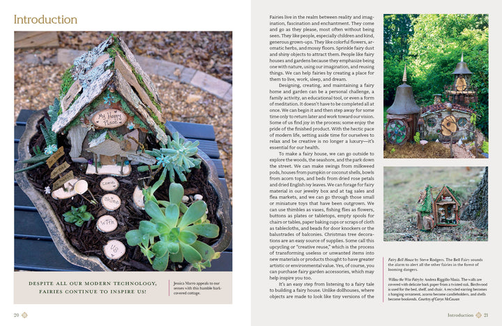 A two-page spread from "Magical Fairy Homes and Gardens" by Schiffer Publishing, Ltd. showcases whimsical fairy dwellings crafted from wood, succulents, and bark, plus introductory text on fairies and designing fairy houses.