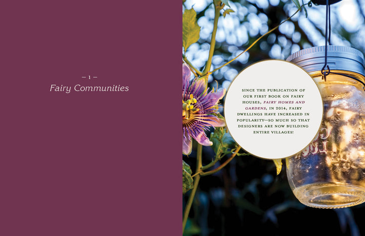 Left: Purple background with "1 Magical Fairy Homes and Gardens" in white. Right: A Mason jar lantern hangs from a branch near a purple passionflower and circular text notes the rise in enchanting fairy spaces. Brand: Schiffer Publishing, Ltd.