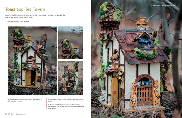The "Magical Fairy Homes and Gardens" by Schiffer Publishing, Ltd. is a whimsical fairy tavern with a thatched roof, moss, and wood details, ideal for outdoor fairy gardens. Tiny doors and decorations add enchanting charm among twigs and leaves.