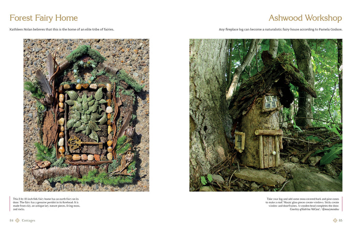 Magical Fairy Homes and Gardens by Schiffer Publishing, Ltd. features two enchanting fairy homes—one flat with pinecones and leaves, the other a rustic mini cottage in tree roots—perfect for magical garden displays.