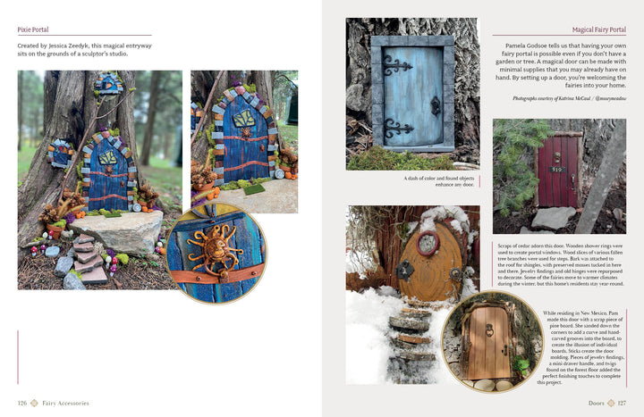 A magazine spread spotlights "Magical Fairy Homes and Gardens" by Schiffer Publishing, Ltd., showing whimsical fairy doors nestled among plants and trees, with close-ups revealing their intricate details and enchanting decorations.