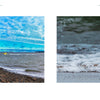 Left: A lighthouse at the end of a rocky pier with blue skies features on "Back Roads of Maine" by Schiffer Publishing, Ltd. Right: Two seagulls stroll along wet sand with gentle waves behind, capturing Maine’s scenic beauty.