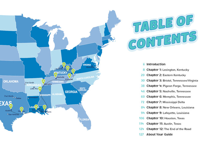 A map highlights cities featured in "Jammin' through the South" by Schiffer Publishing, Ltd., with a table of contents listing Lexington, Nashville, New Orleans, Houston, and Austin—ideal for immersive music travel.