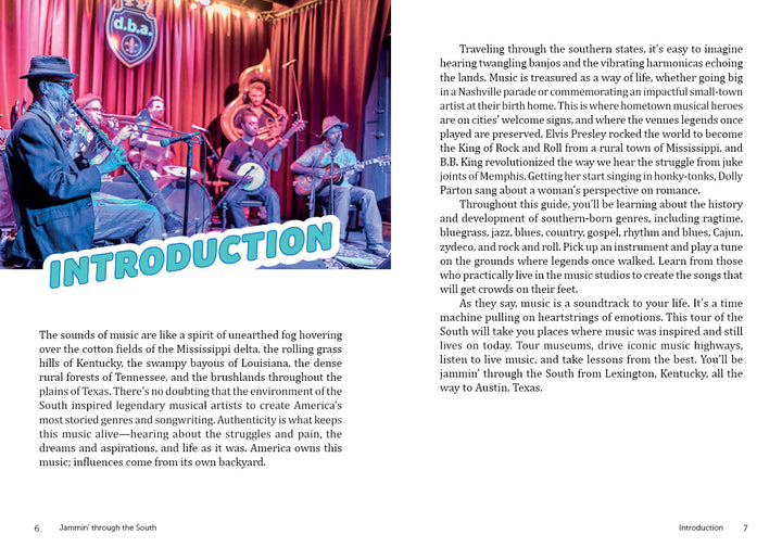 A two-page spread from "Jammin' through the South" by Schiffer Publishing, Ltd.: the left page features a blue INTRODUCTION graphic and text, while the right spotlights immersive music tours with a band photo and descriptive text.