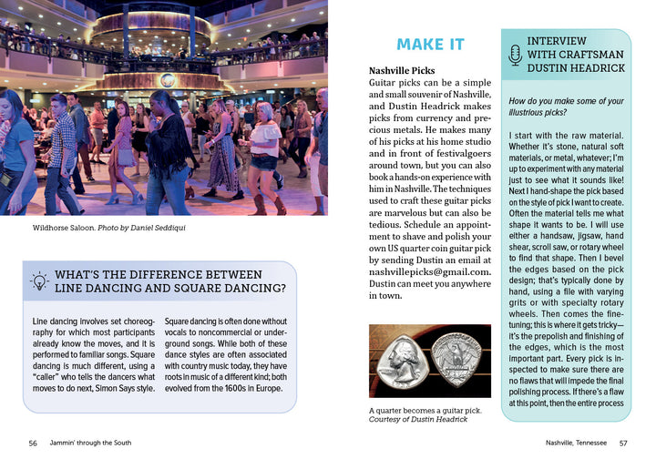A magazine spread for "Jammin' through the South" by Schiffer Publishing, Ltd. features Nashville Picks and an interview with craftsman Dustin Headrick. The left page shows ballroom dancers and coin-shaped guitar picks, evoking immersive Southern music tours.